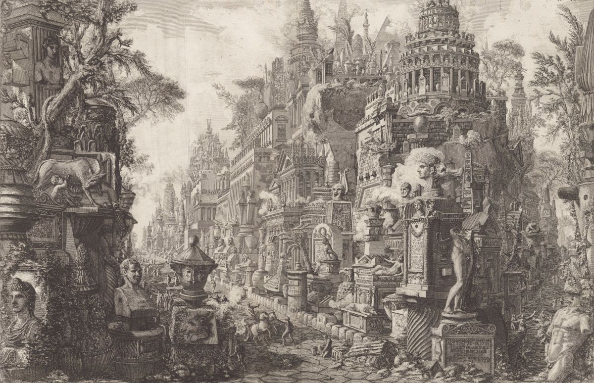 A detailed black and white engraving depicting a grand, fantastical city scene.