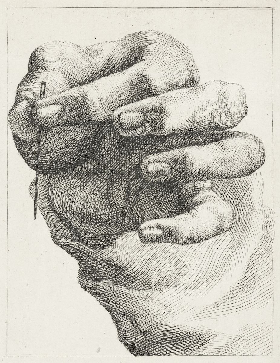 A black and white drawing of a hand clutching a needle.
