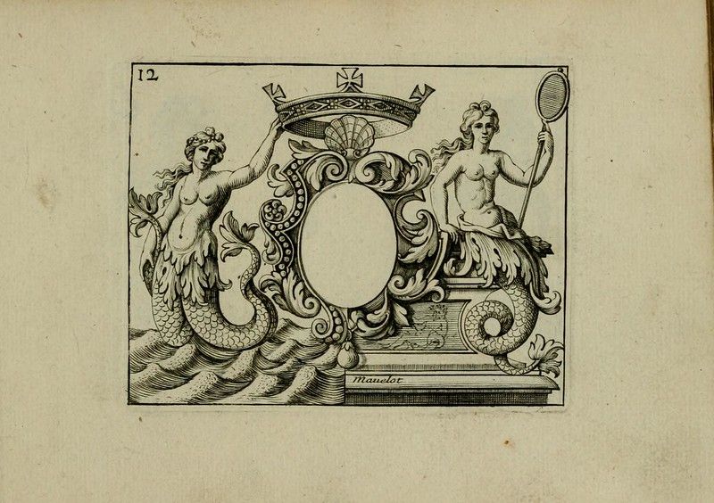 An ornate black and white engraving featuring the letter 'O' flanked by mermaids and topped with a crown, set against a backdrop of waves.