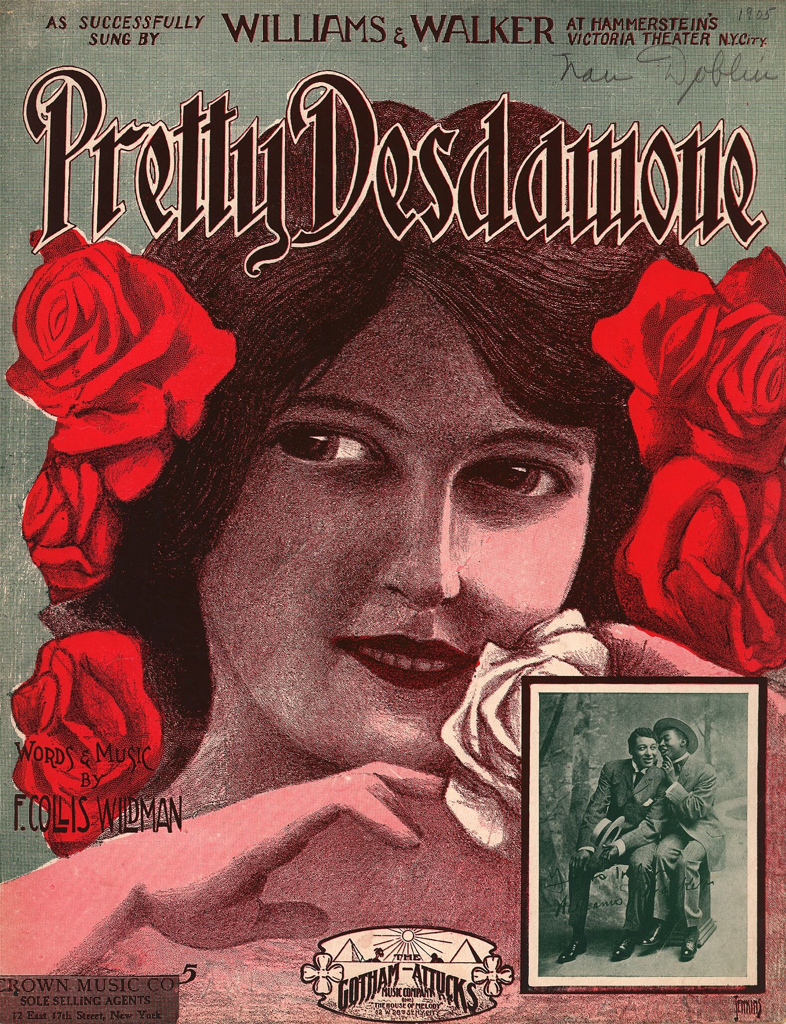 Vintage sheet music cover for "Pretty Desdamone" featuring a sepia-toned portrait of a woman with red roses and inset images of a rose and two men in front of a building.