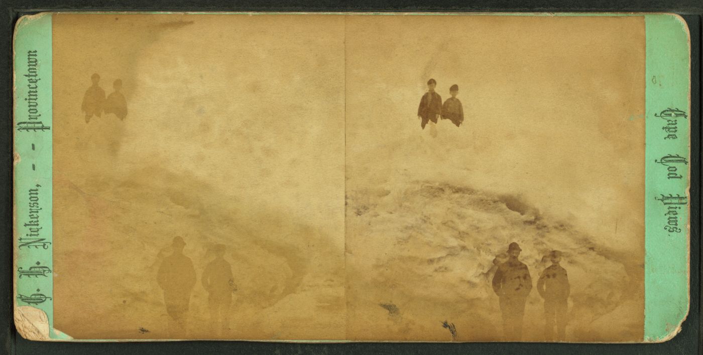 A vintage stereoview card depicting a landscape with people on a hillside, labeled "G.W. Nicholson, Provincetown" and "Cape Cod Views".