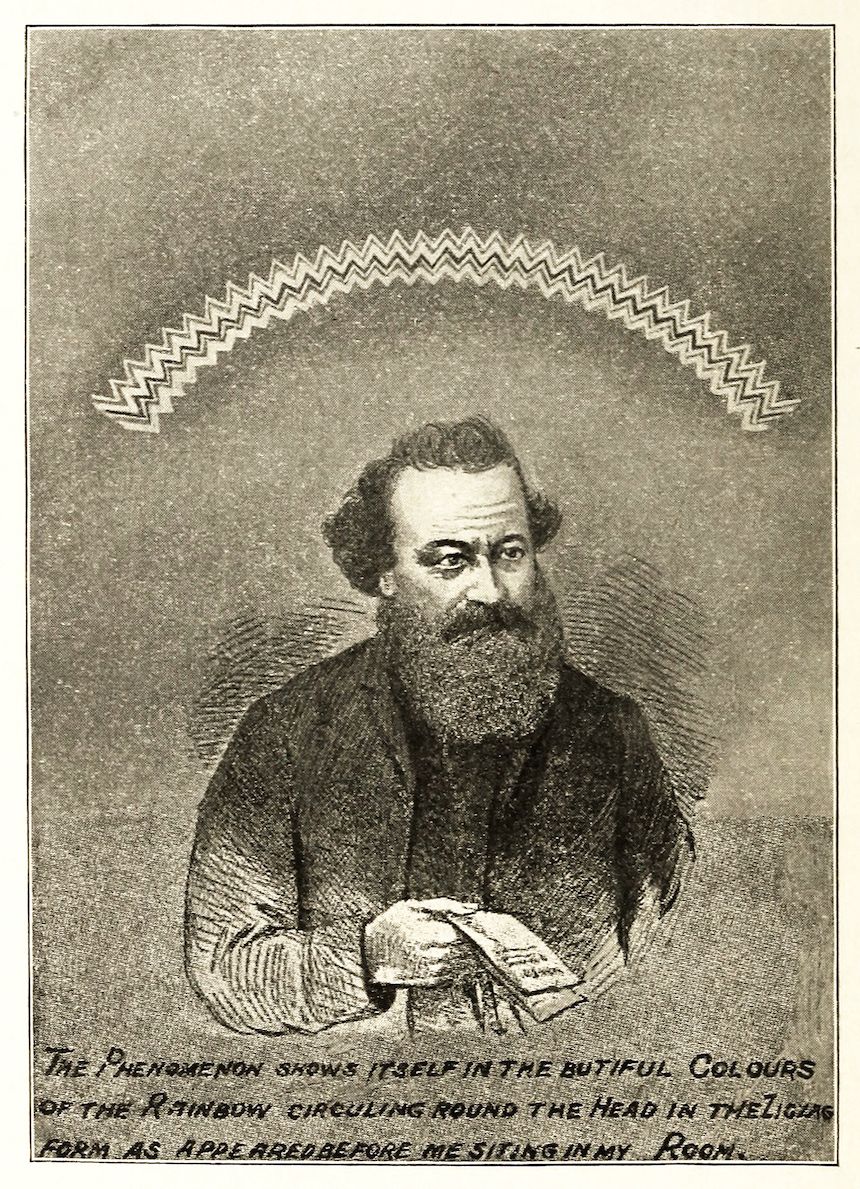 Vintage illustration of a man with a beard holding a book, with a radiating pattern above his head.