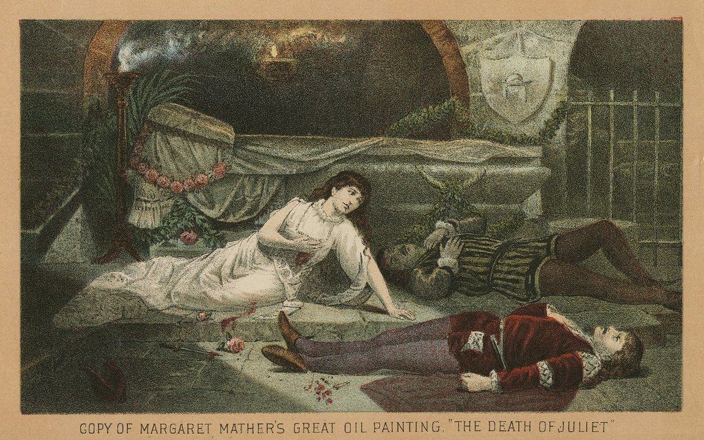 A vintage lithograph depicting a scene from Shakespeare's Romeo and Juliet, titled "COPY OF MARGARET MATHER'S GREAT OIL PAINTING, "THE DEATH OF JULIET". It shows Juliet lying lifeless on the floor, with Romeo nearby, also unconscious. The scene is set in a bedroom with a bed, lamp, and window.