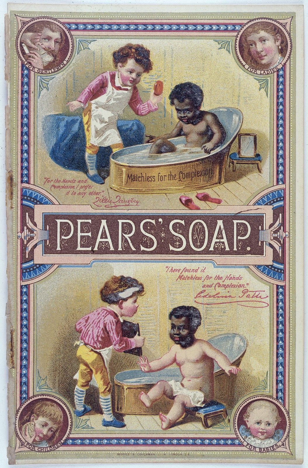 A vintage advertisement for Pears' Soap featuring illustrations of children bathing.