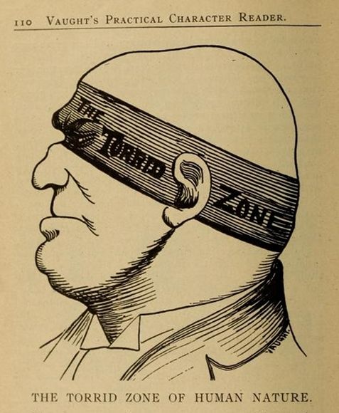 Vintage illustration of a man's head with a band labeled "THE TORRID ZONE" covering his eyes.