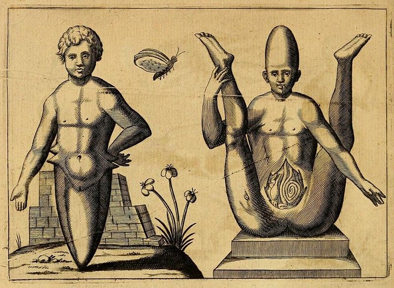 Vintage engraving of two figures with unusual anatomy, a butterfly, and plants.