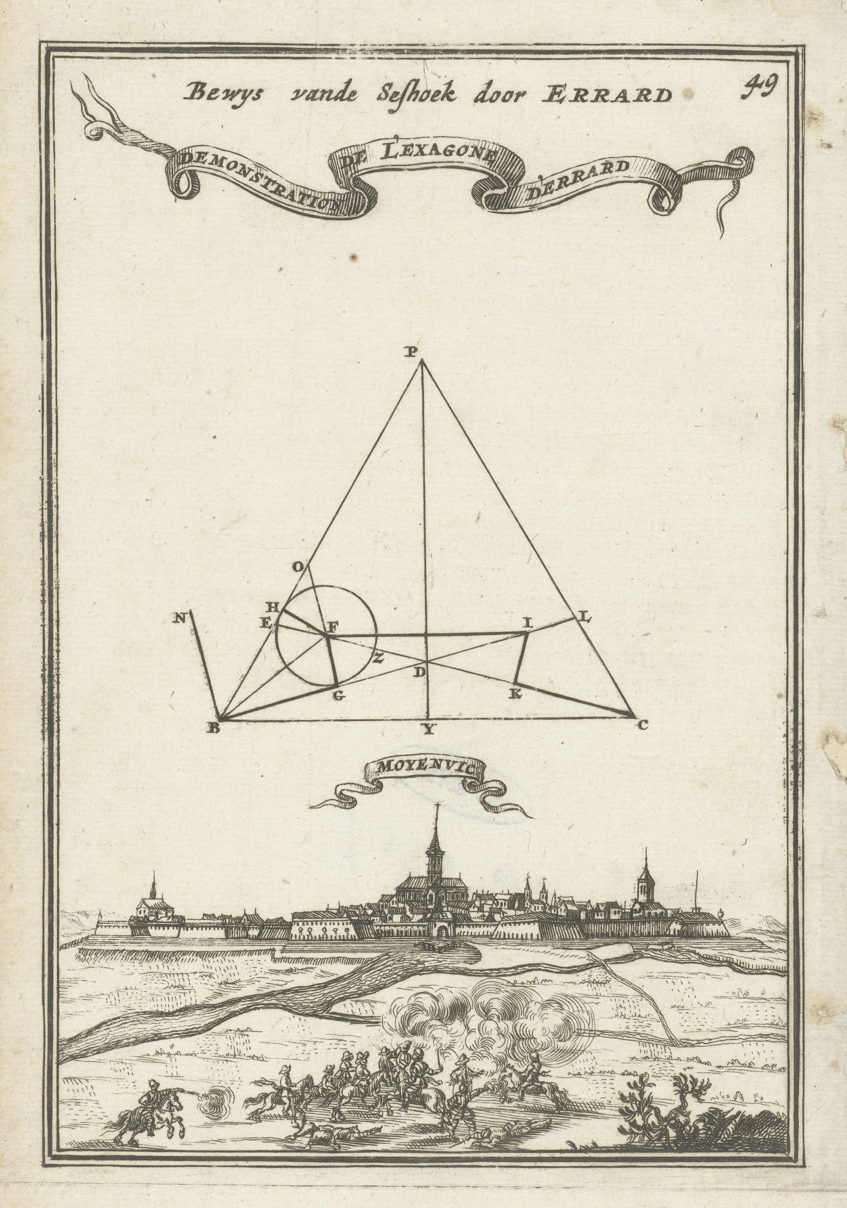 Vintage illustration of a geometric diagram and a cityscape with soldiers on horseback.