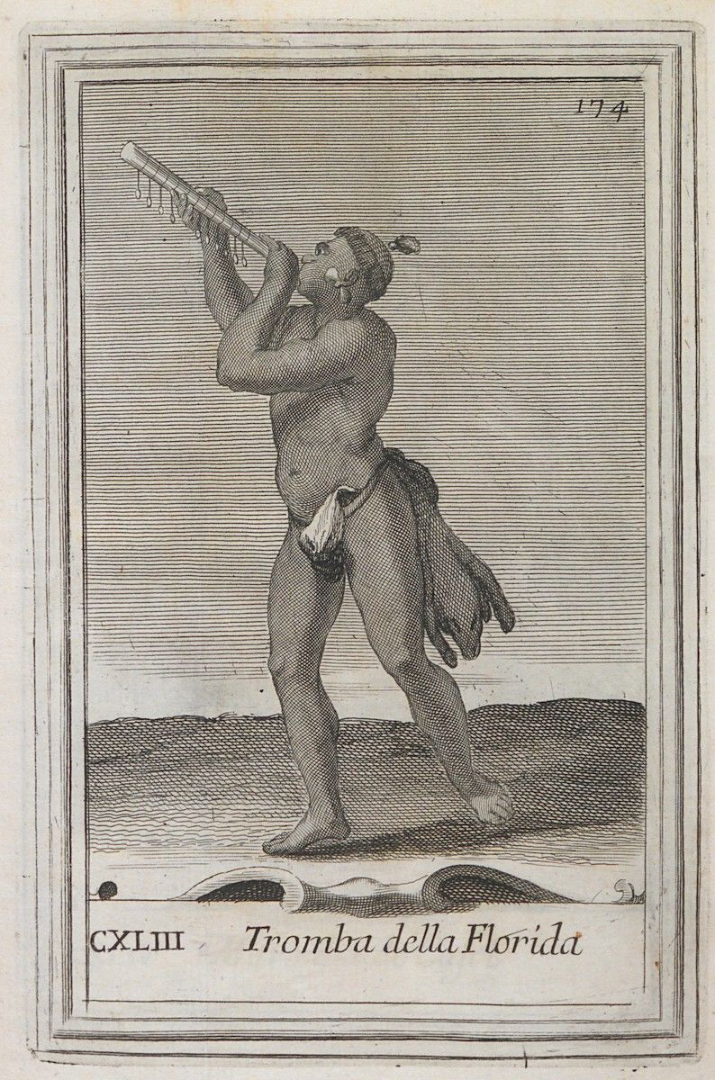 Black and white engraving of a man playing a long trumpet-like instrument, labeled 'Tromba della Florida'.