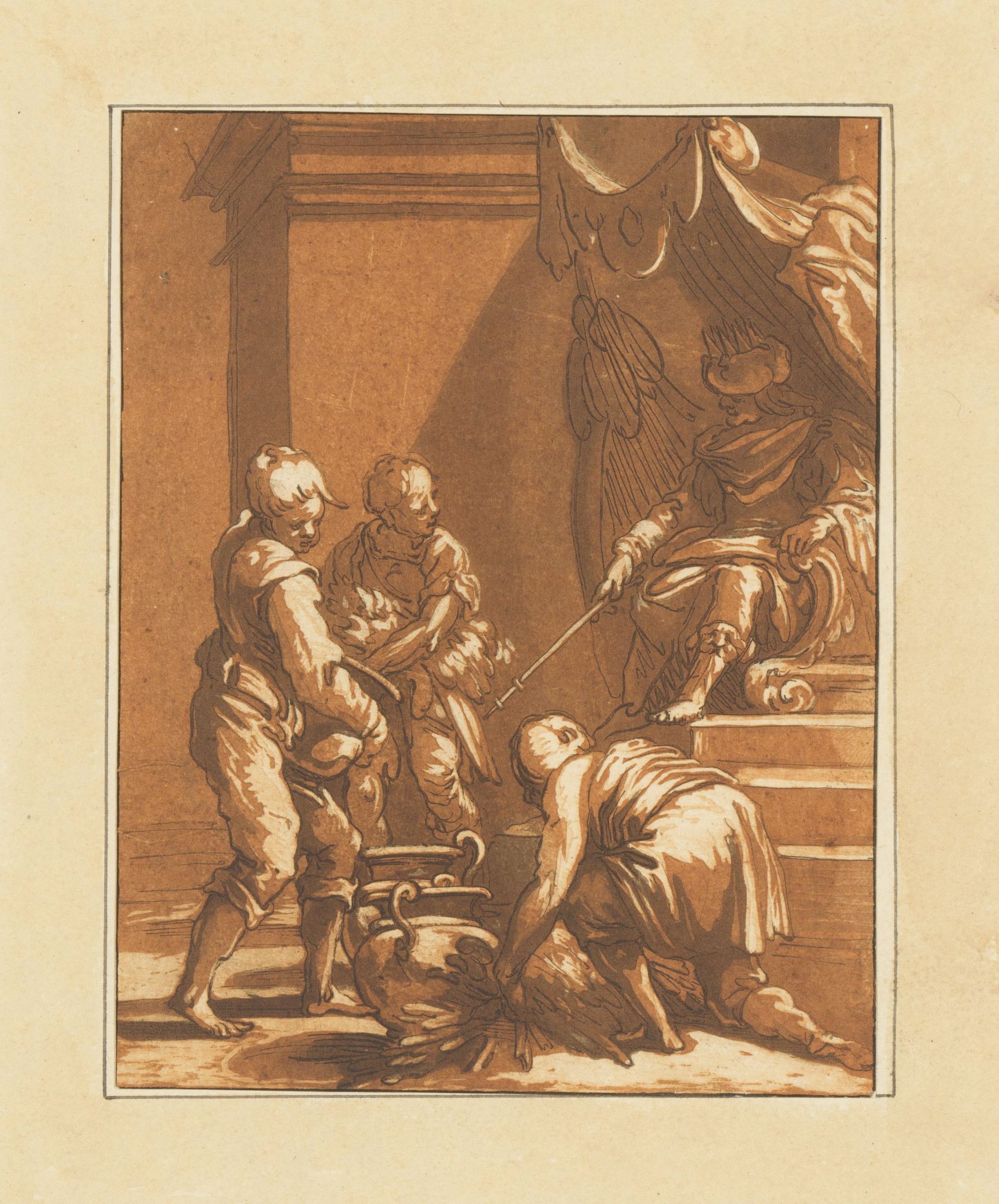 sepia-toned drawing depicting a dramatic scene with religious overtones. The composition features four figures within an architectural setting.