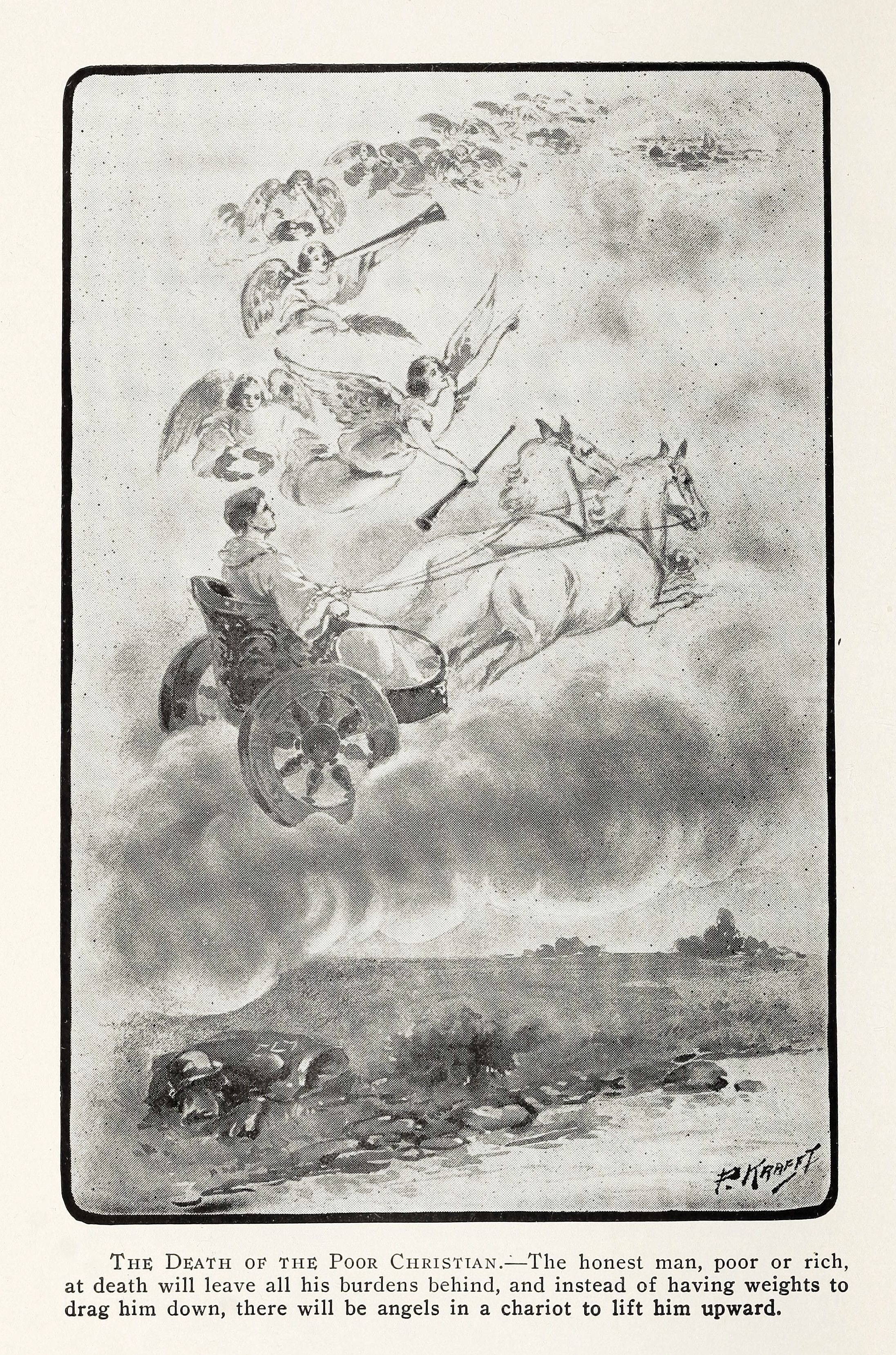Black and white illustration of 'The Death of the Poor Christian' showing a man in a chariot pulled by a horse ascending into the sky with angels, while weights and figures are left behind on the ground.