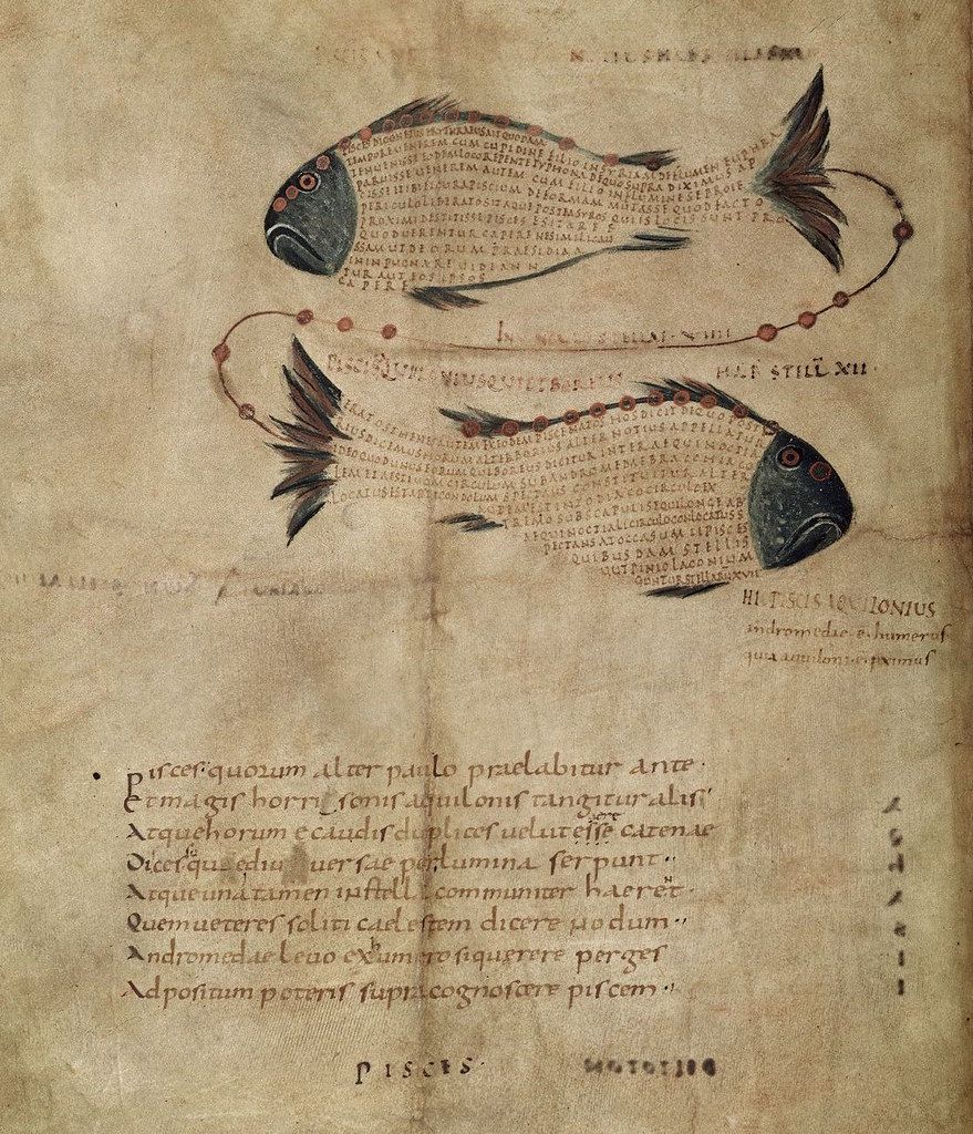 A page from a medieval manuscript depicting two fish swimming in a circle, surrounded by dense Latin text. The illustration represents the zodiac sign Pisces.