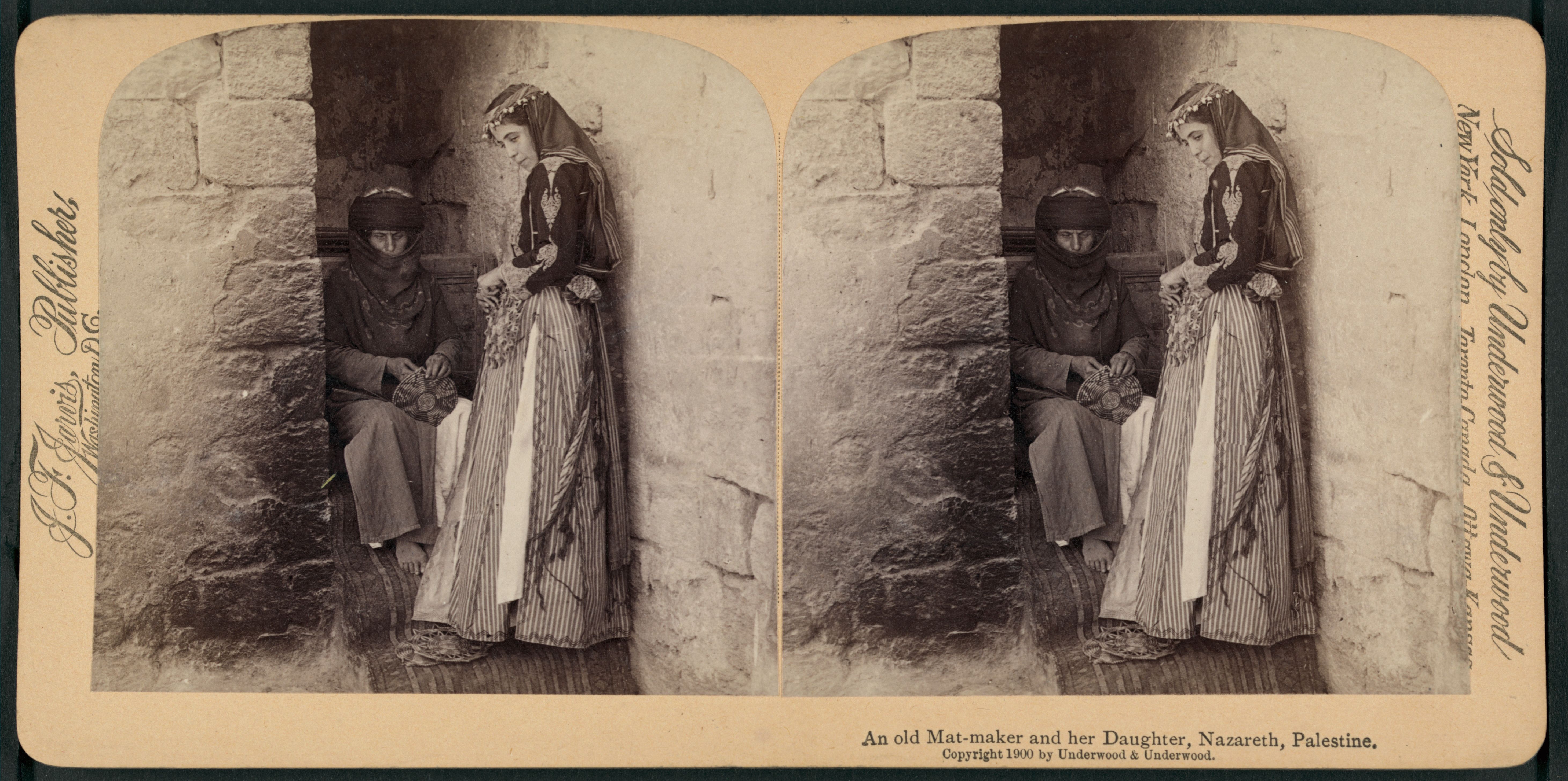Stereoscopic photograph of an old mat-maker and her daughter in Nazareth, Palestine, circa 1900.