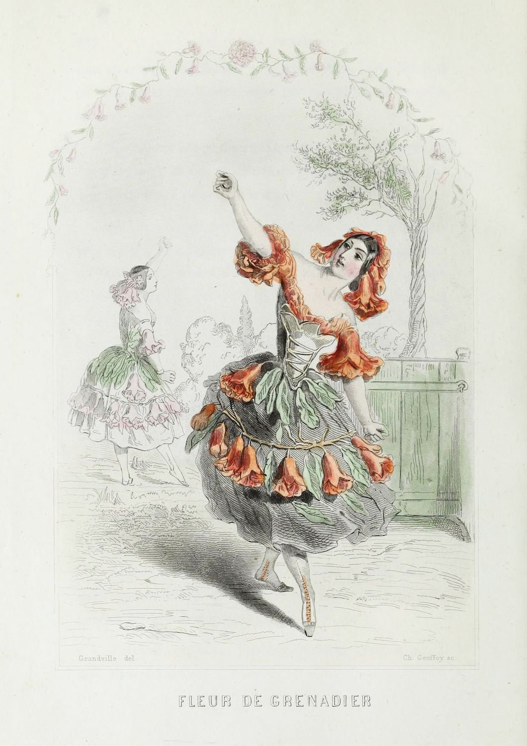 Vintage lithograph of a woman in a large, ornate dress dancing in a park-like setting.