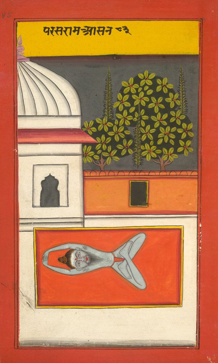 A traditional Indian painting depicting a reclining figure in front of a building and tree.