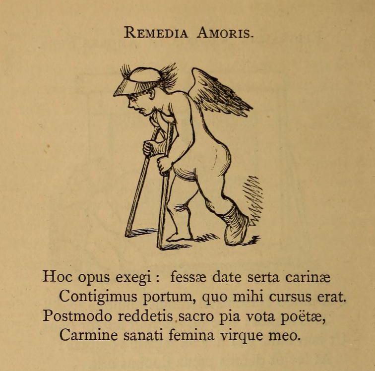 Vintage illustration of a person with a cane and a single wing, with Latin text below.