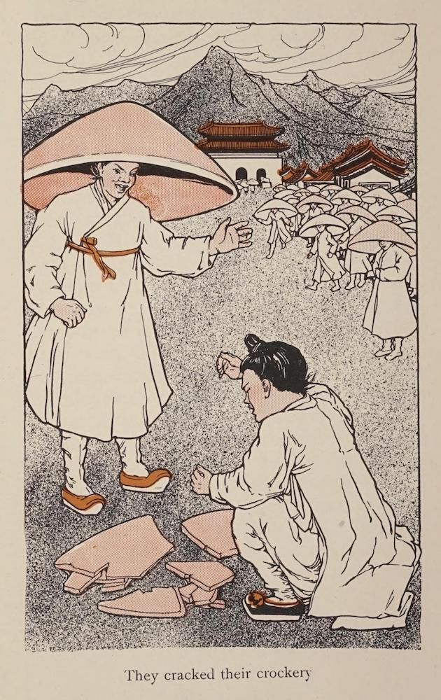 Vintage illustration of two Asian men with broken pottery, with a crowd and buildings in the background. The caption reads, "They cracked their crockery."