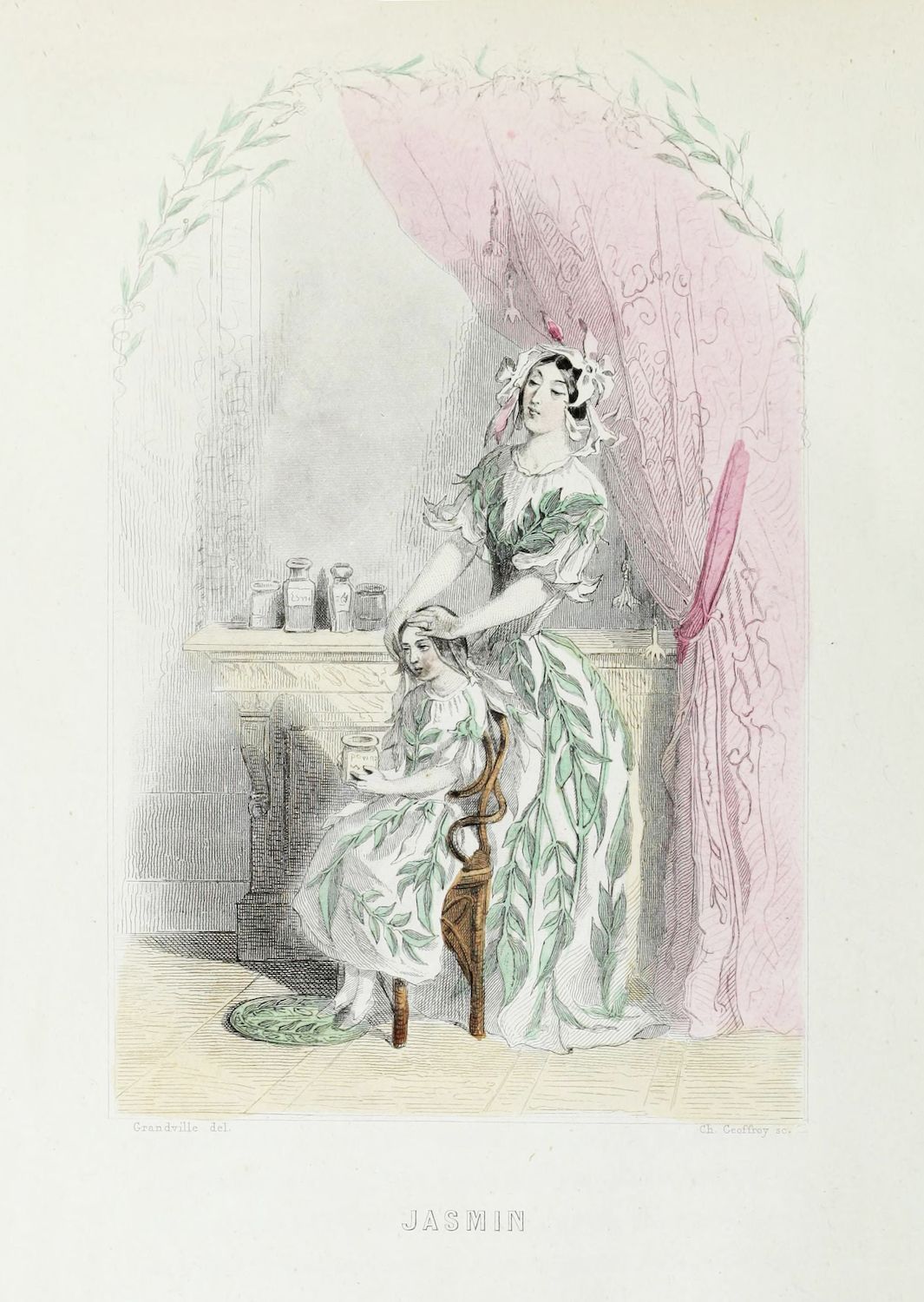 Vintage lithograph titled 'Jasmin' depicting a woman made of jasmine vines attending to a young girl.