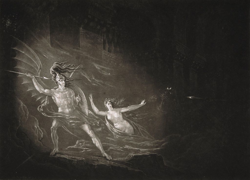 A black and white engraving depicting a man and a woman in turbulent water, with a suggestion of a crumbling building in the background.