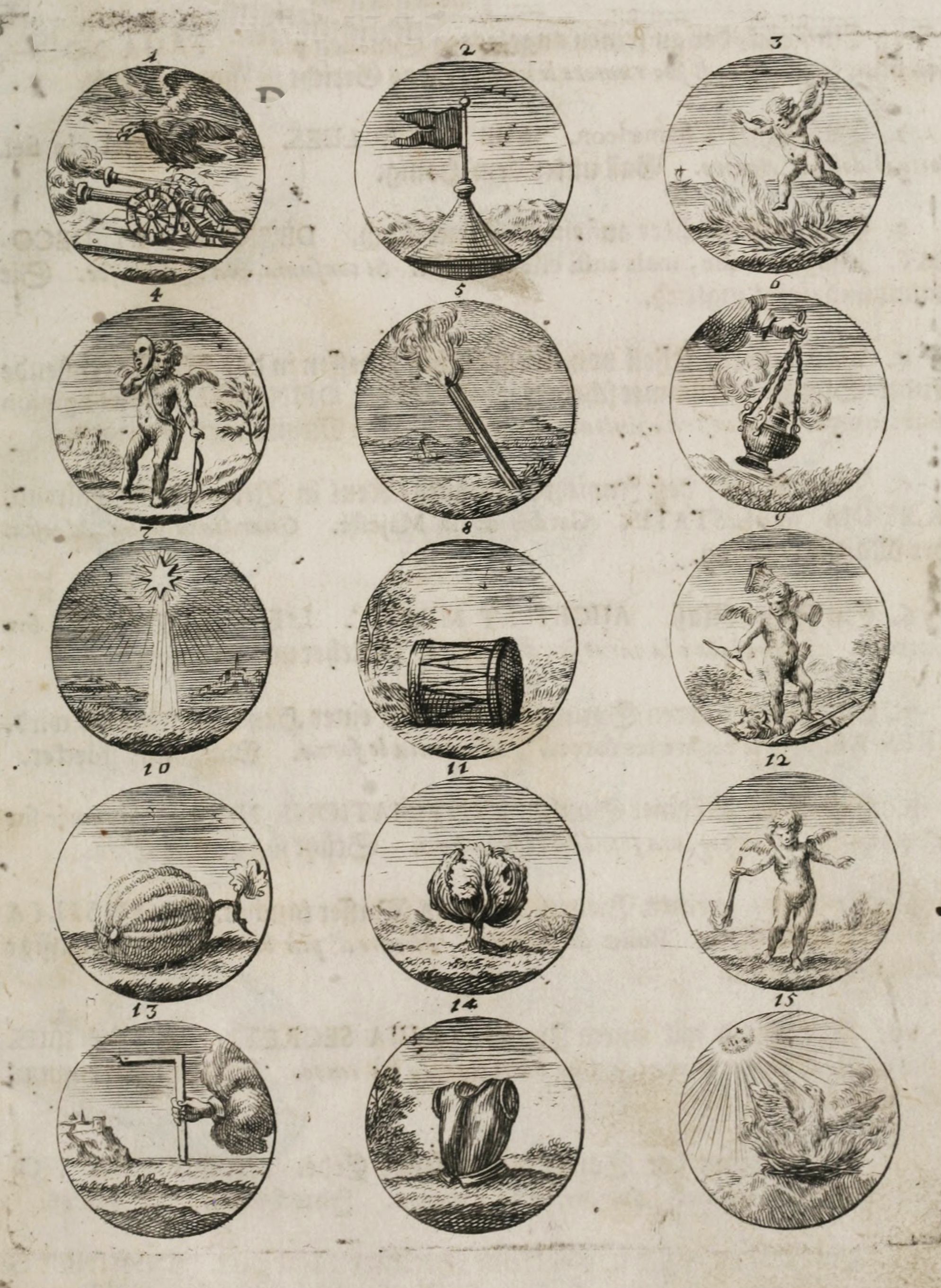 Vintage engraving of 15 circular designs with various symbols and illustrations.
