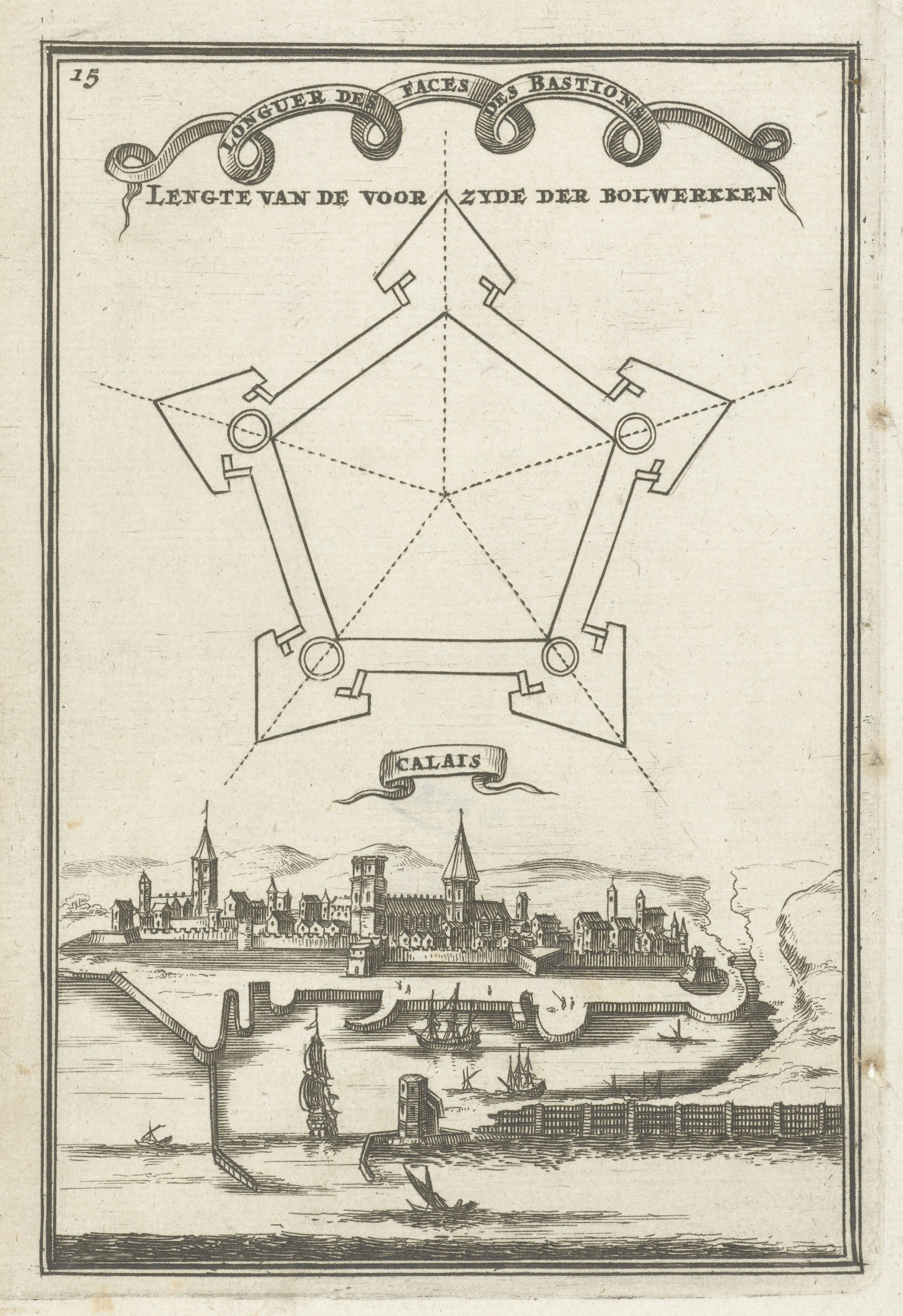 Vintage engraving of Calais, France, with a detailed plan of its fortifications above and a view of the city below.