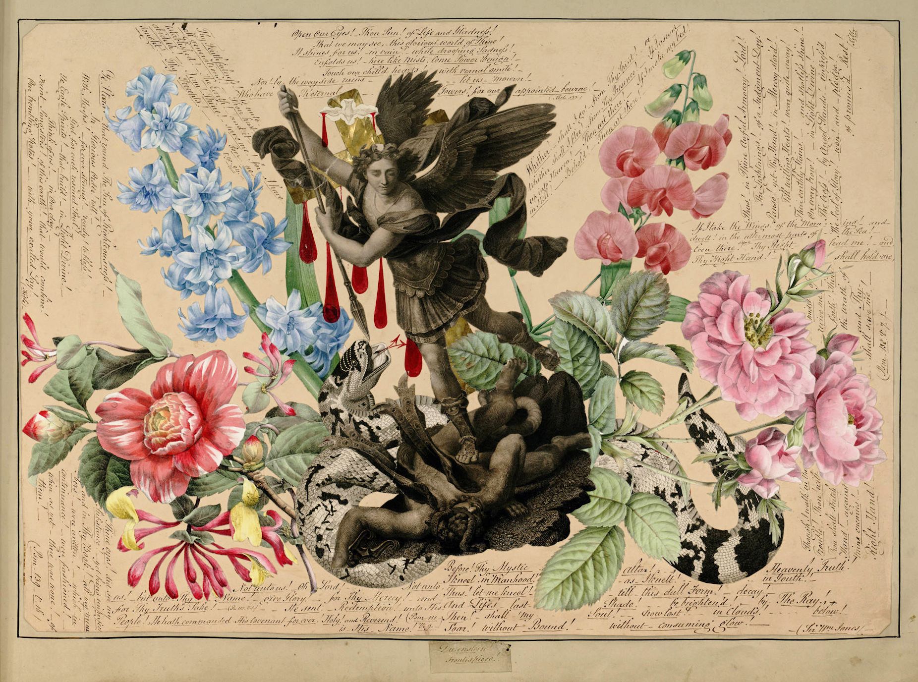 A detailed watercolor painting of an angel surrounded by flowers and foliage, with handwritten text encircling the image.