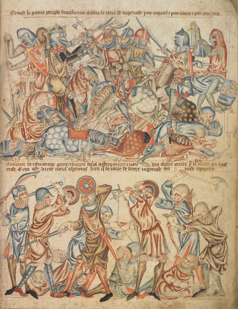 A detailed medieval illustration depicting a chaotic battle scene with warriors on horseback and foot clashing with swords, lances, and other weapons.