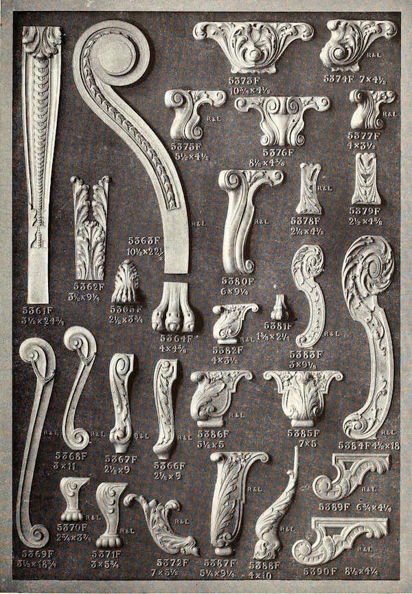 A vintage catalog page showcasing a variety of ornate scroll designs in white against a dark background, each labeled with a code and dimensions.