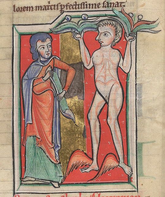 Medieval manuscript illustration of Adam and Eve with Eve offering a leaf to Adam.