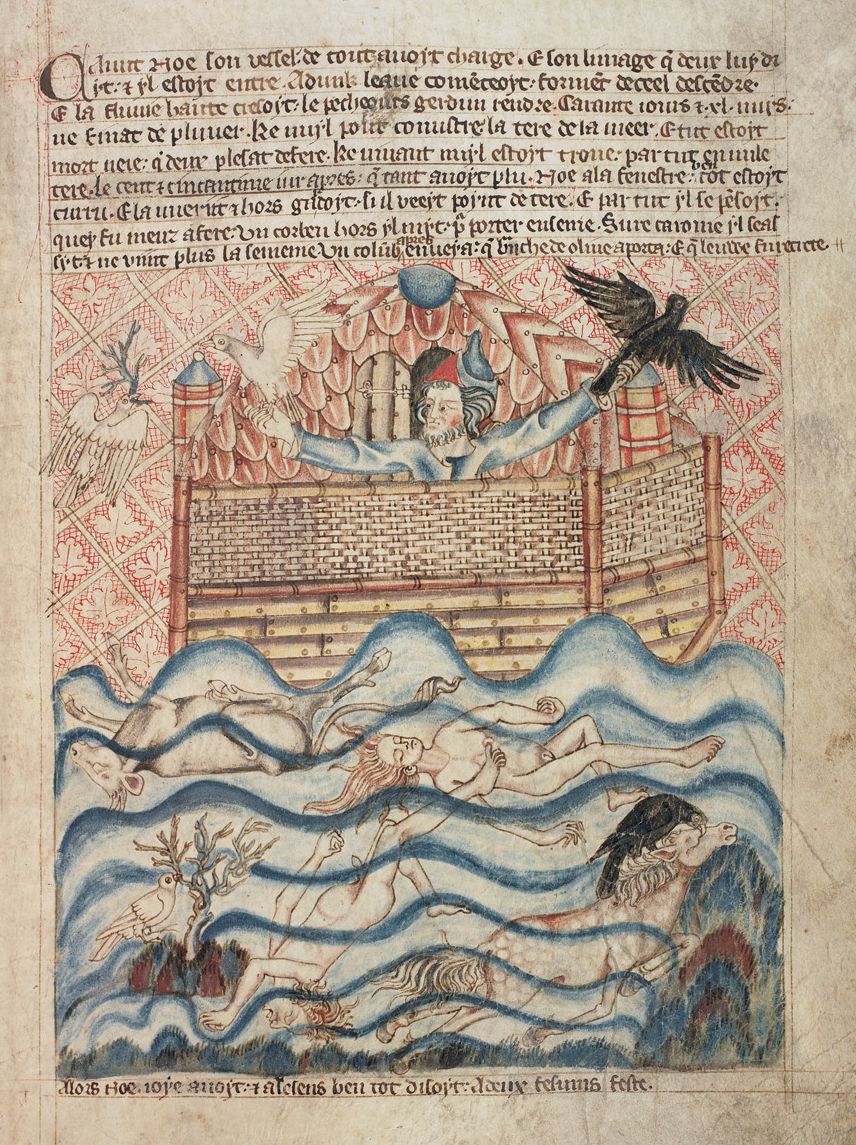 Medieval manuscript illumination of a man on a boat in a stormy sea, surrounded by drowning figures and birds.
