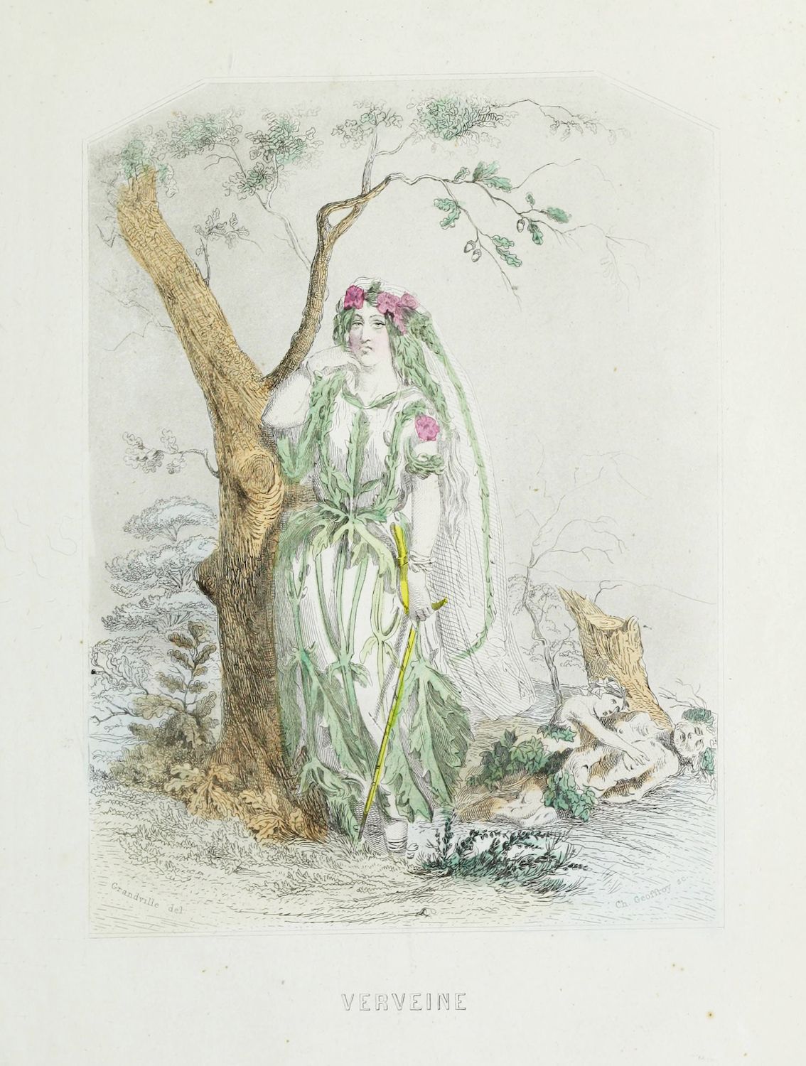 Vintage illustration of a woman personifying the plant 'Verveine', leaning against a tree and surrounded by foliage.