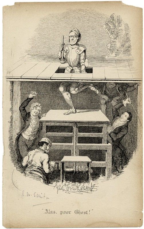 A black and white illustration of a séance gone awry. Four people sit around a table, looking up in fright as a ghost in armor appears above them, awkwardly dangling its legs and holding a candle.
