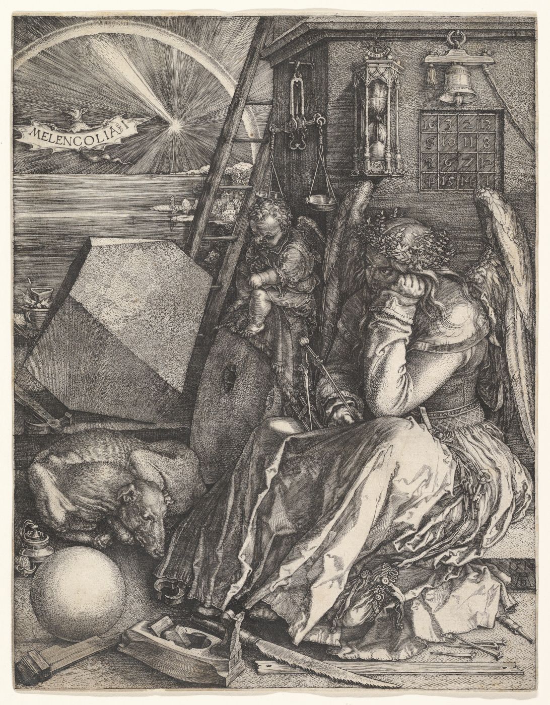 A detailed black and white engraving titled 'Melencolia I' by Albrecht Dürer, featuring a winged female figure, an angel, seated in a contemplative pose surrounded by various objects.