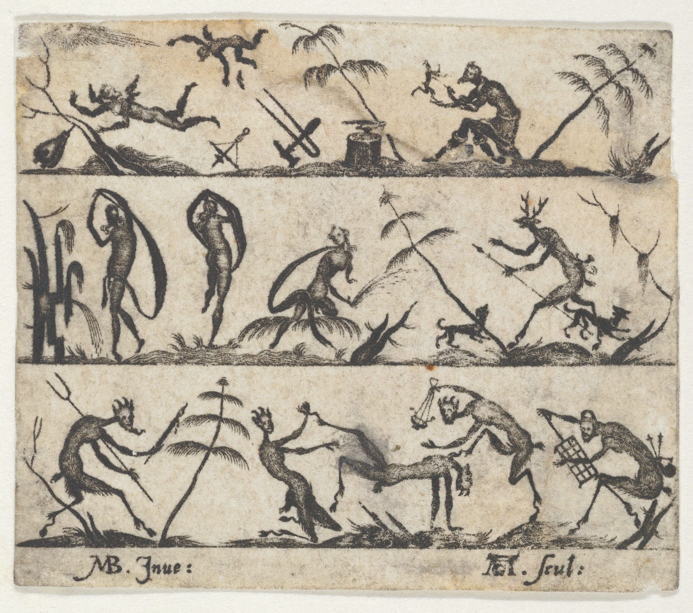 A black and white engraving depicting a series of scenes with human-like figures engaged in various activities within a natural setting.