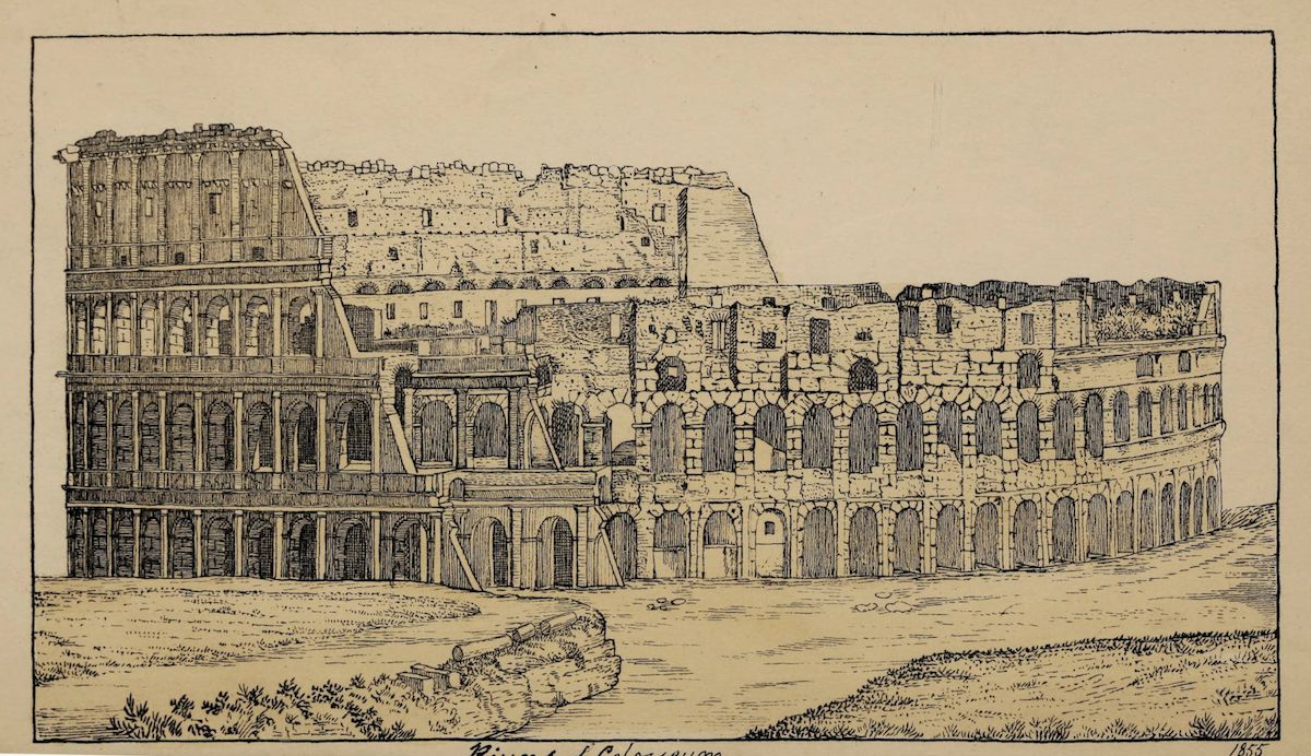 Vintage illustration of the Colosseum in Rome, showing its ruined state and surrounding landscape.