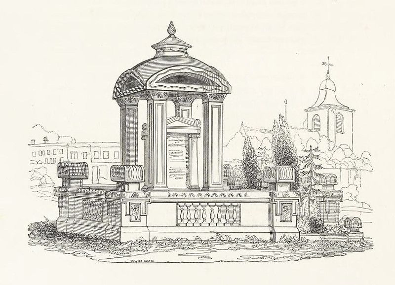 Black and white line drawing of a monument with statues in a park setting, with a building in the background.