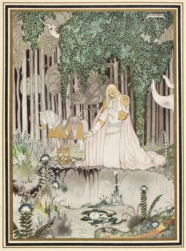 A fairytale illustration of a woman kneeling near a unicorn in a lush forest.