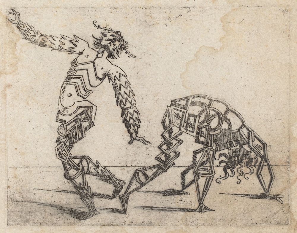 A black and white engraving of a fantastical creature constructed from geometric shapes.