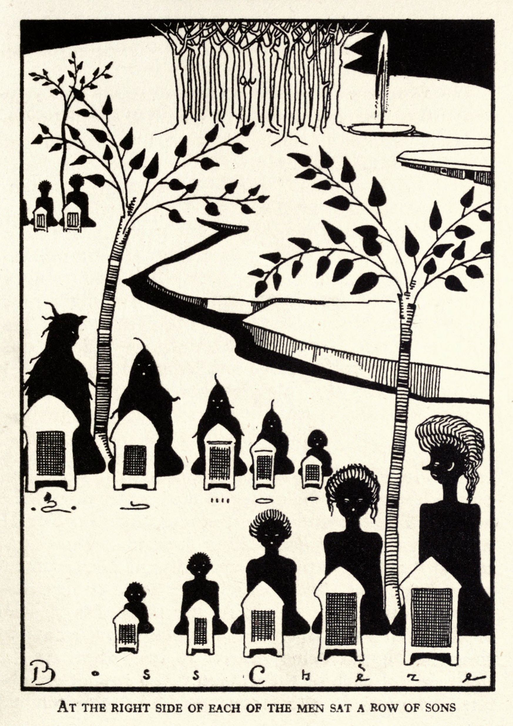 A black and white illustration depicting a row of men, each with a row of sons seated beside them, in front of small houses, with a winding path through a forest above.