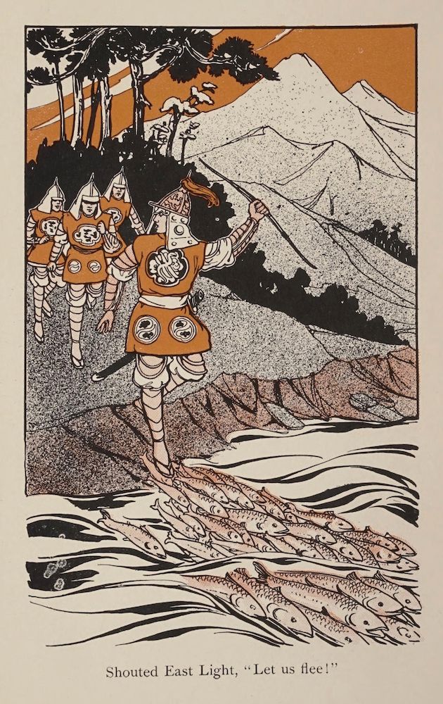 Vintage illustration of armored figures fleeing across a landscape covered in fish.