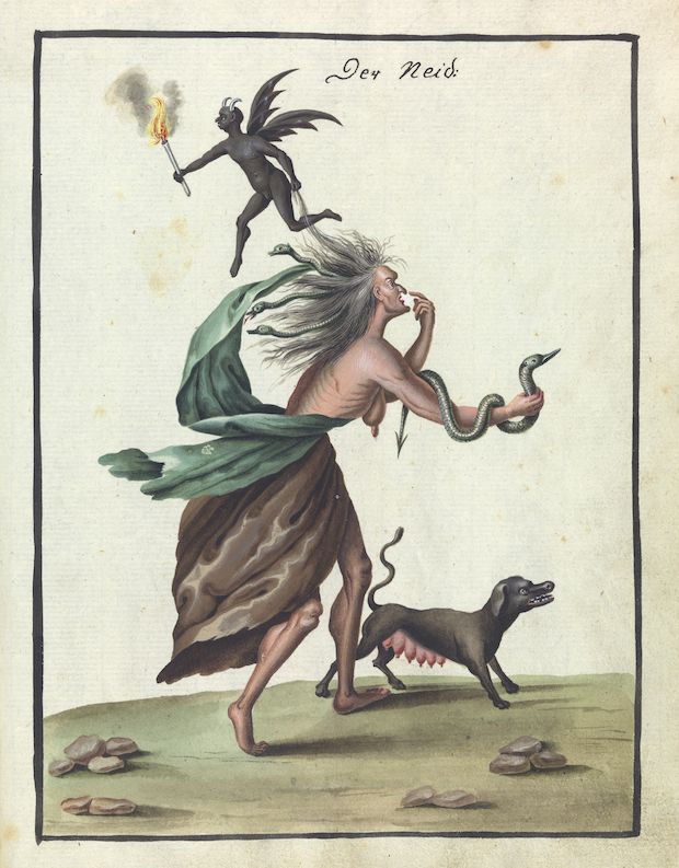 Vintage illustration of a gaunt man being tormented by a devil, snake, and dog, representing the vice of envy.