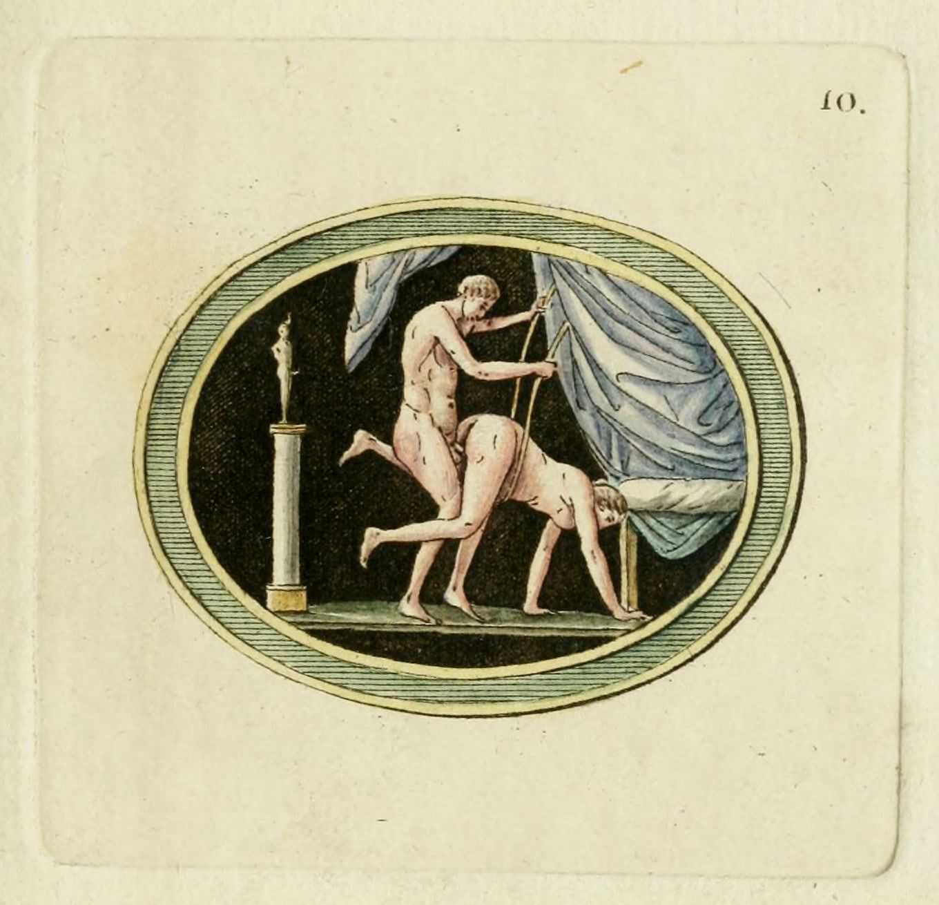 Antique illustration of two nude male figures in a sexual act within an oval frame.
