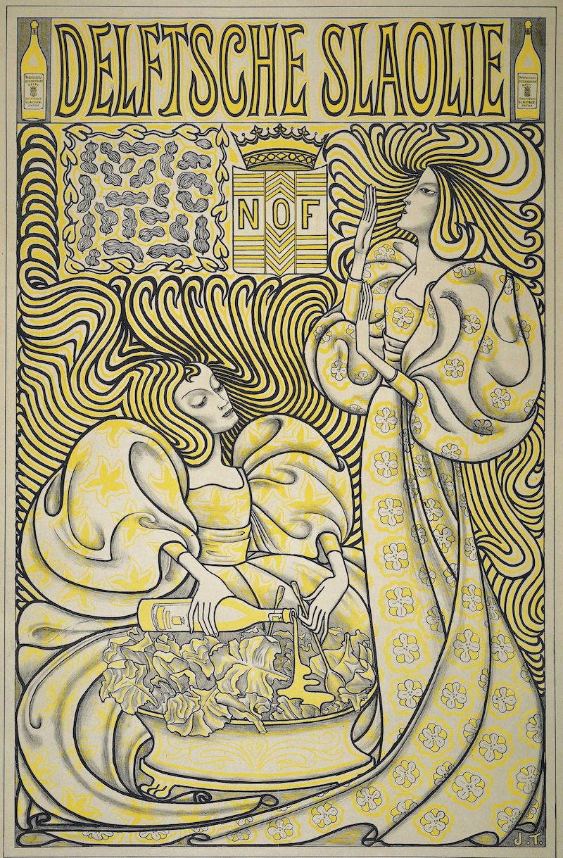 A vintage Art Nouveau poster titled “Deutsche Slaolie” featuring a reclining woman and a standing man with a bottle.