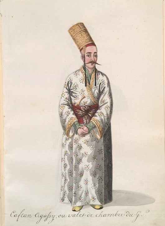 Watercolor painting of a man in traditional Chinese attire, wearing a tall conical hat, a floral robe, and yellow shoes.