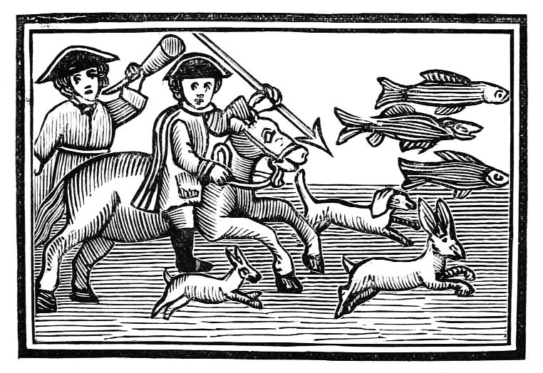 Vintage woodcut illustration of two figures riding a donkey, surrounded by fish and hares.