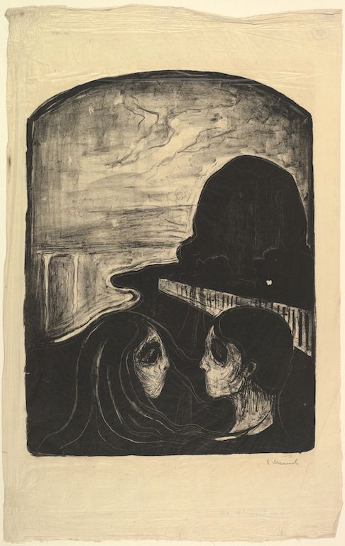 A black and white print depicting two figures in profile, looking towards a landscape with water and a building. The style is expressive and emotional, with strong contrasts between light and shadow.