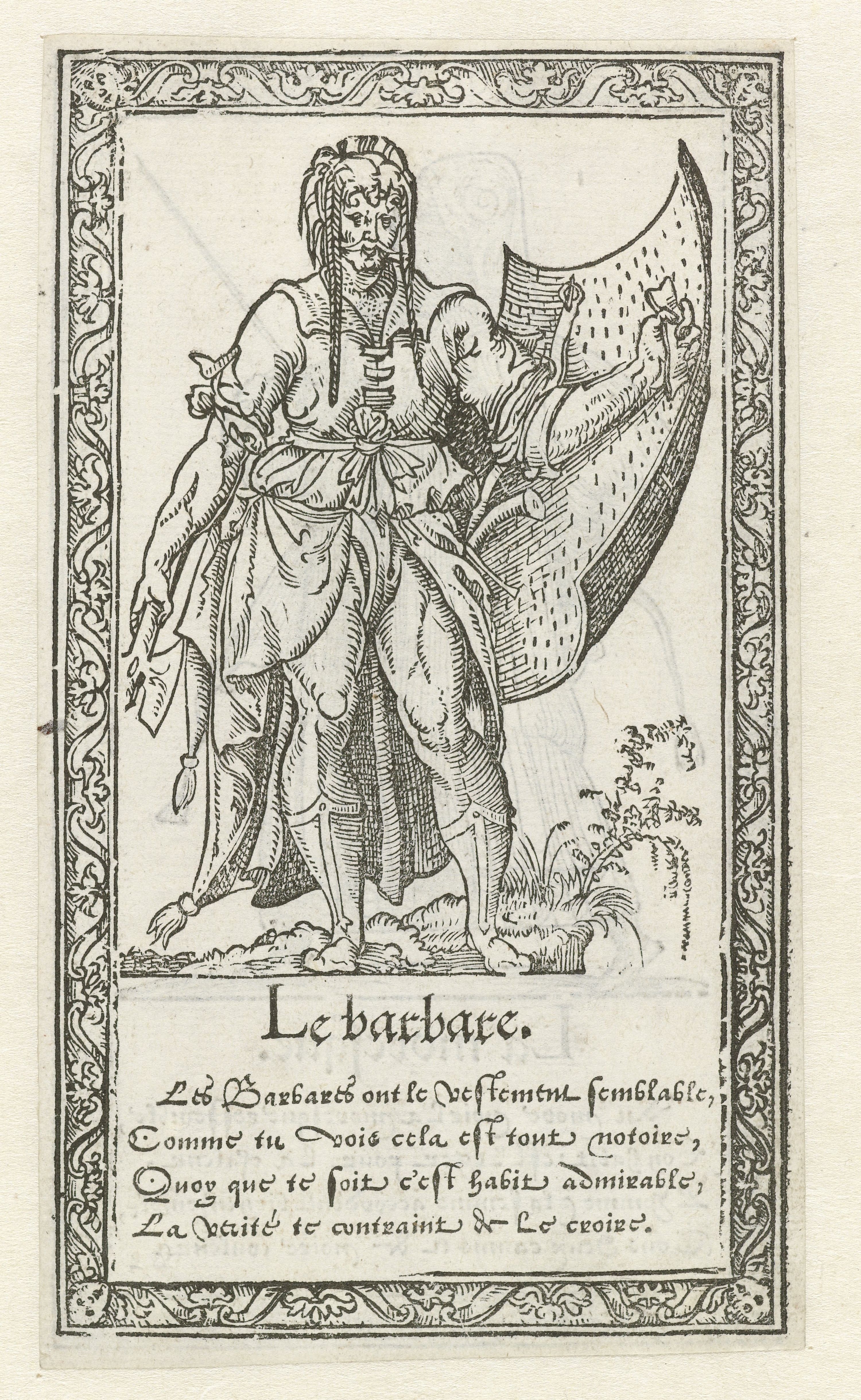 A black and white woodcut illustration of a man labeled 'Le barbare' standing in a landscape, holding a scimitar and a scroll.