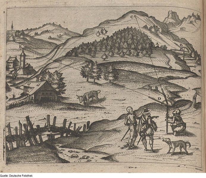A black and white engraving of a rural landscape with mountains, a village, and people working in the foreground.
