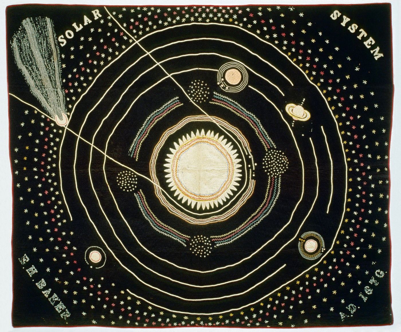 A detailed, antique-looking embroidered depiction of the solar system with the sun at the center and planets orbiting around it. The background is a deep black fabric densely populated with small, white and reddish-pink stars. The words “SOLAR SYSTEM” are embroidered along the top edge and “BAKER” along the bottom edge.