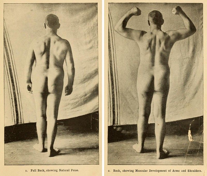 Two black and white photographs of a man's back, demonstrating natural poise and muscular development.