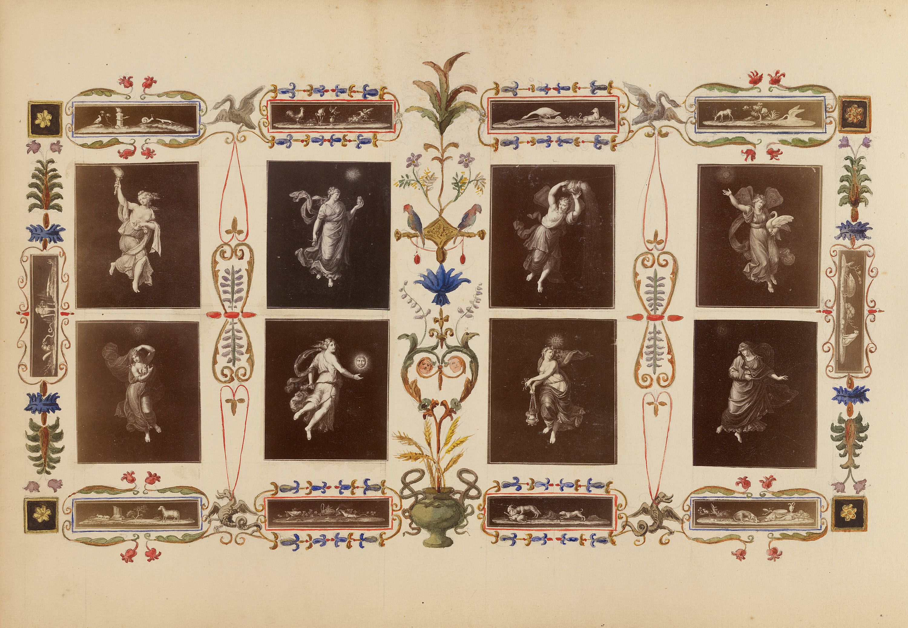 A detailed, ornate artwork featuring a grid of nine square panels, each containing a classical figure, surrounded by elaborate borders and a central floral arrangement.